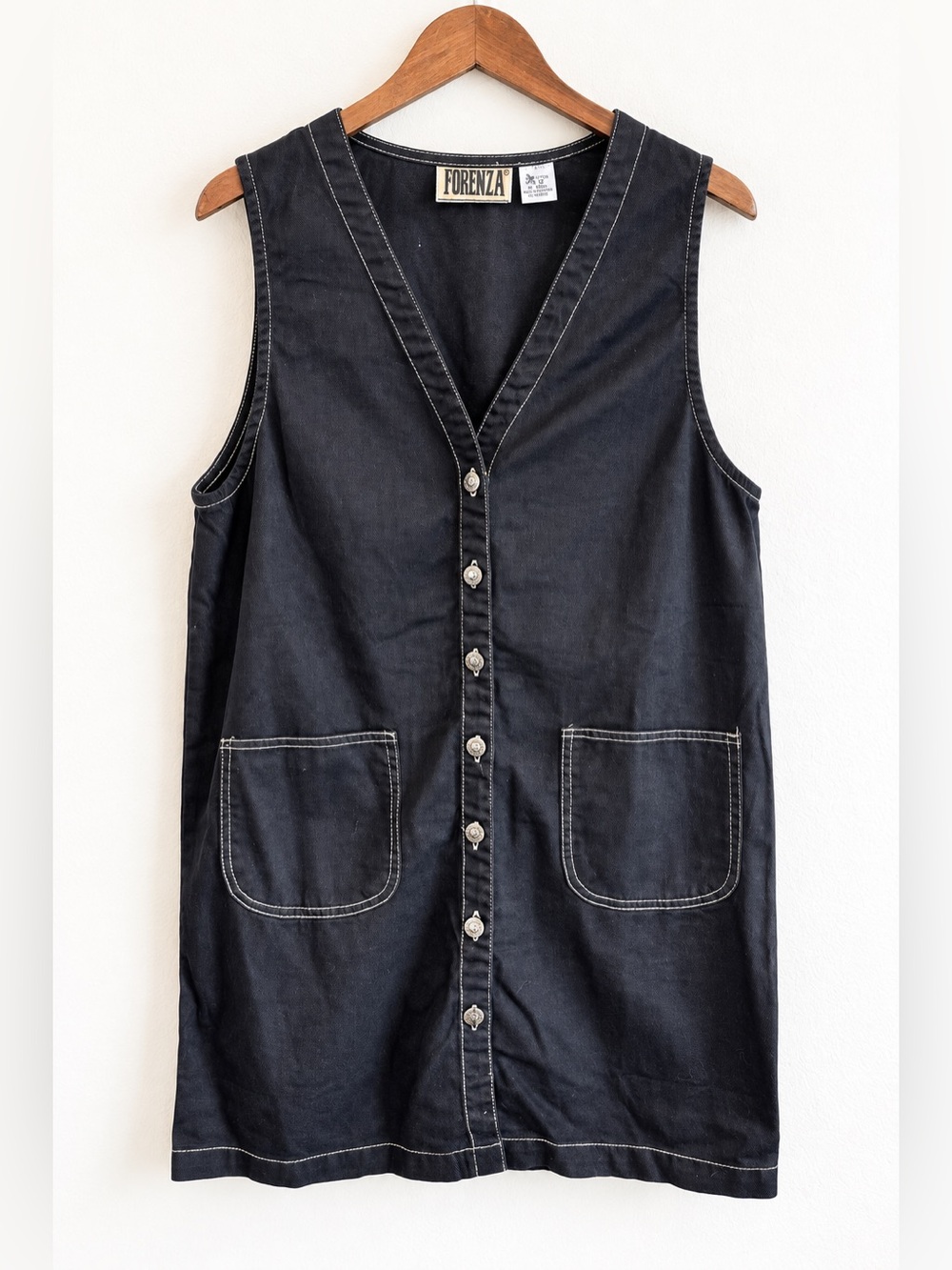 Forenza Vintage Pinafore Dress 12 Black Denim 90s Western Grunge Button J94